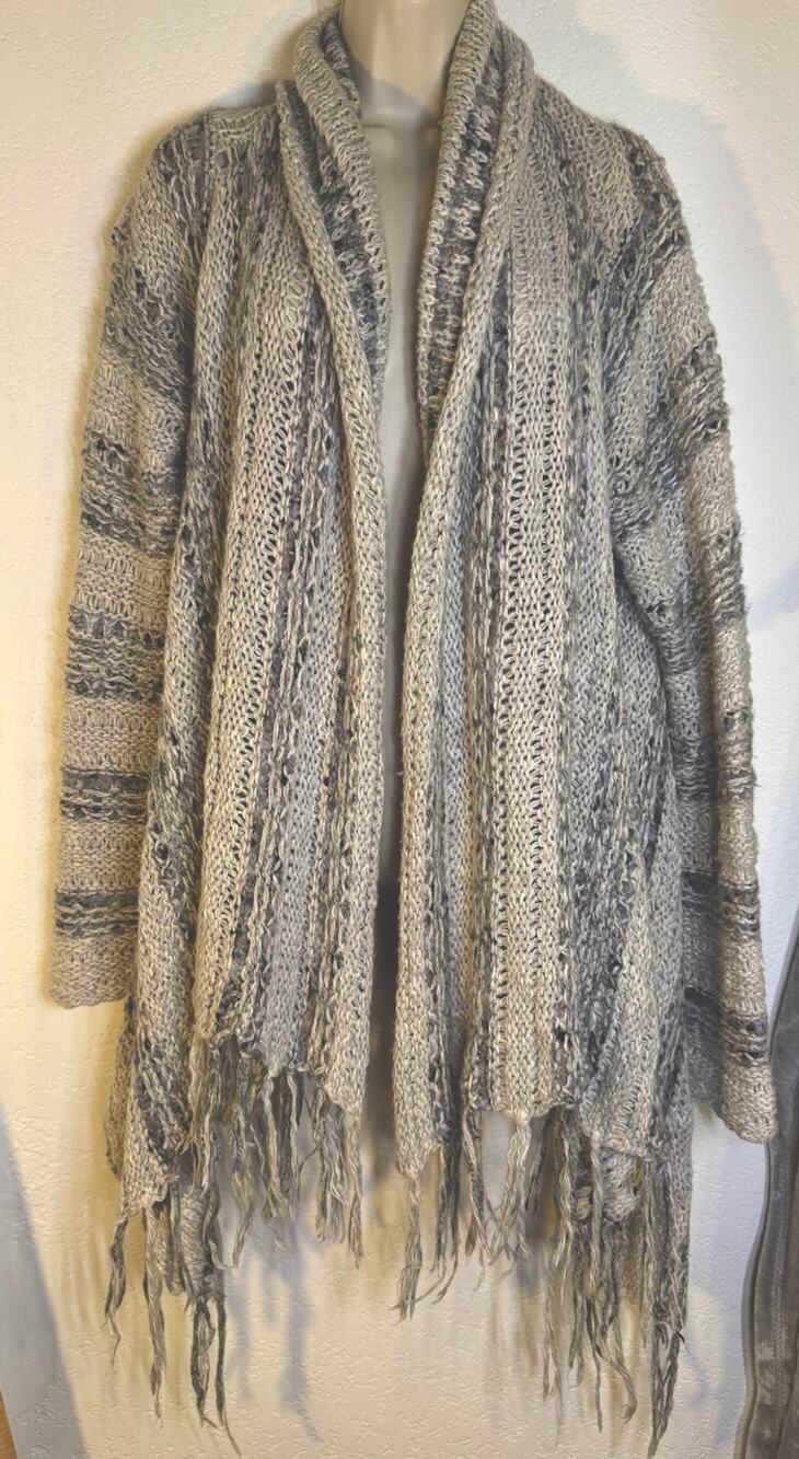 Free People Cardigan Sweater Womens L Gray White Knitted Boho Fringe Open Front
